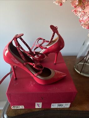 Valentino Garavani Red Patent Rockstud Ankle-Strap Pumps